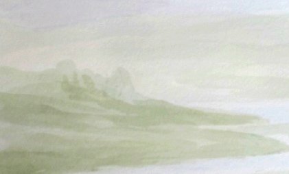 Scaled-up detail of the layered watercolour pencil washes on the hills