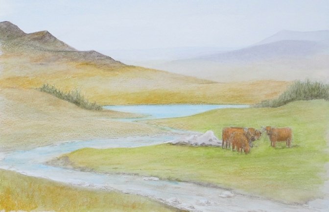 The Scottish watercolour pencil landscape with intensified background colours