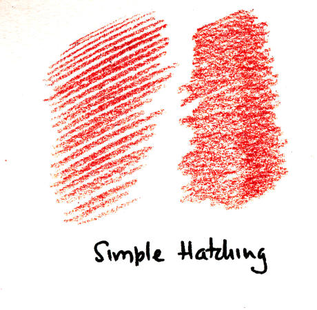 Basic hatching strokes in one direction using a single coloured pencil