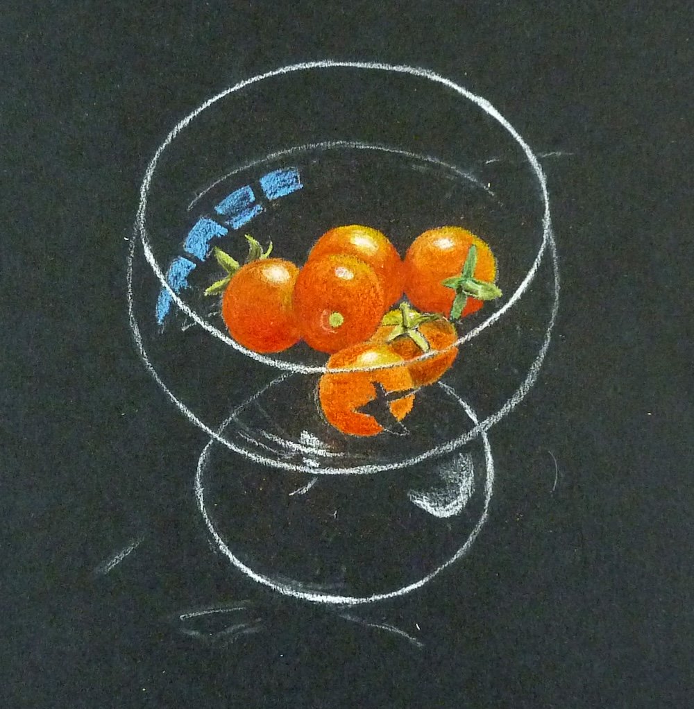 The full cluster of tomatoes built up against the black, glass still in white guide-lines