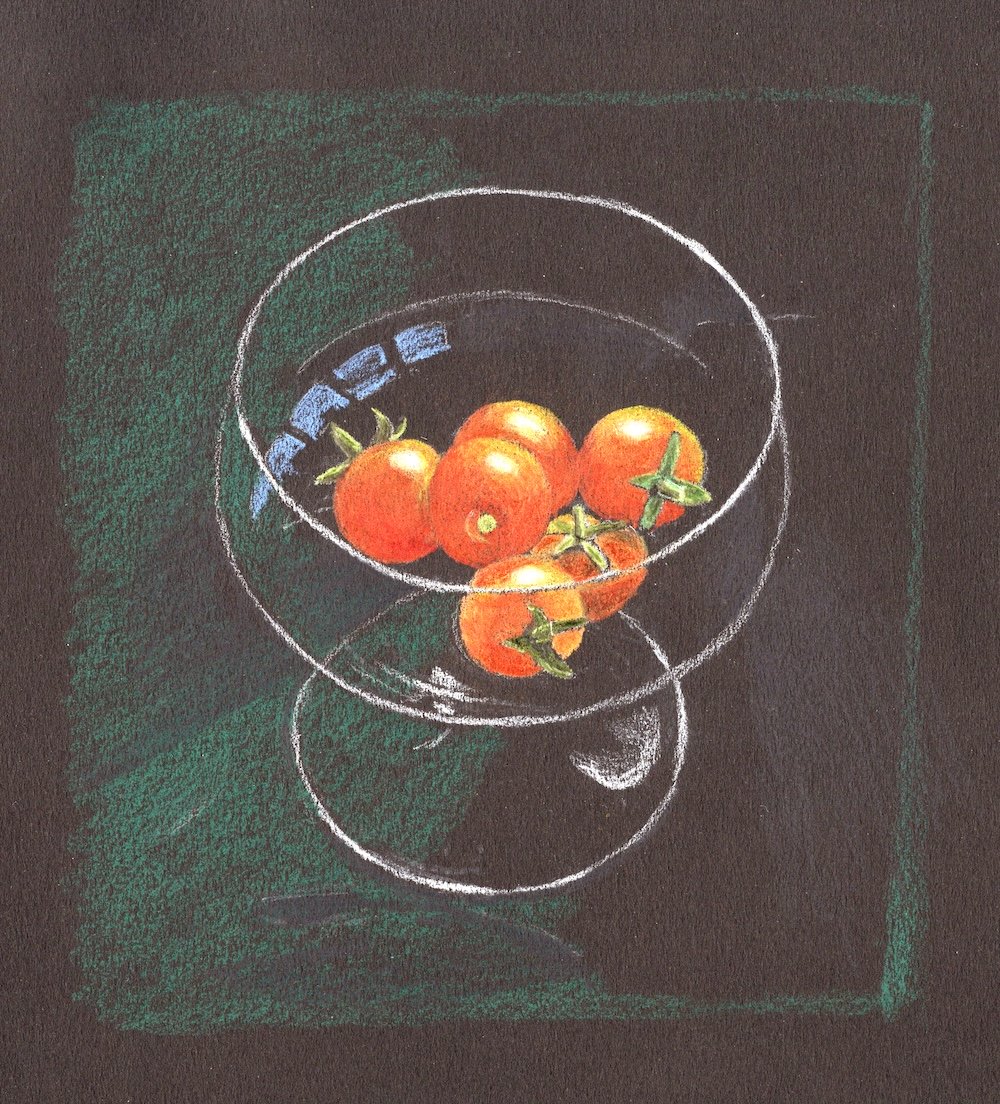 The green background begun, roughed in with a framing square around the glass