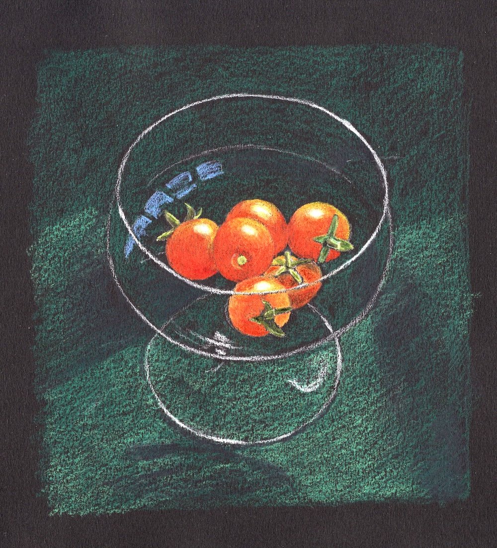 The contrasting Phthalo-green background developed further behind the glass