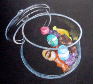 The jar filling with rendered sweets in coloured pencil on black paper