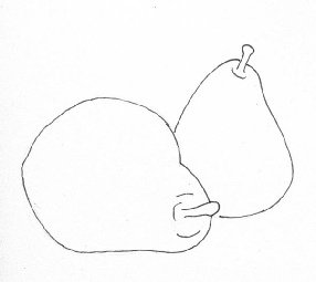 A clean, light outline drawing of two pears ready for the first colour layers