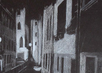 The Venice scene blocked in on rough black paper, with the grain breaking up the light areas