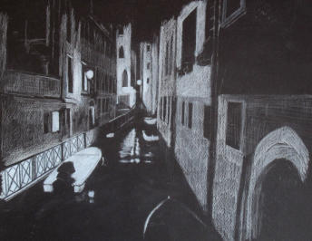 Peter's version of the Venice scene in progress on a rougher black paper