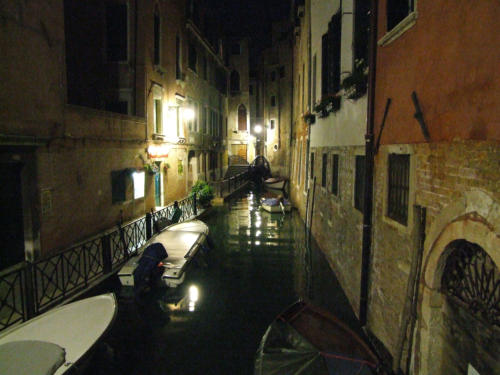 Reference photograph of a Venice canal scene at night with streetlamps reflected in the water