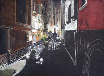 A student's Venice scene in progress in coloured pencil on black Stonehenge paper