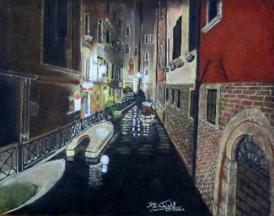 The student's finished Venice canal scene in coloured pencil on black paper