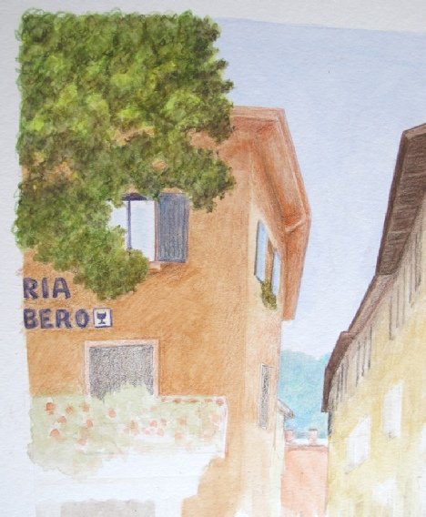 The completed tree foliage worked with a damp brush, against the building