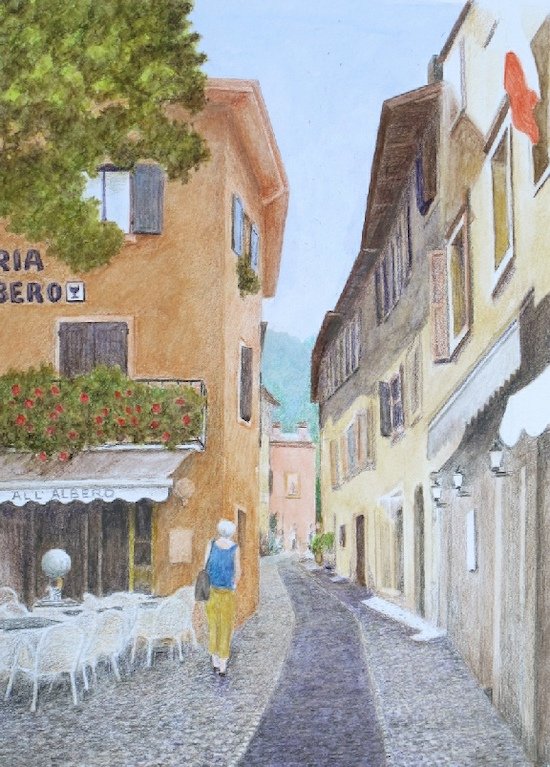The Italian street scene watercolour pencil drawing, progress so far