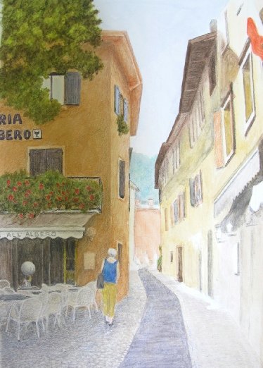 Sharpening the shadows on the left of the scene with a dark grey pencil