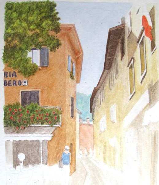 Adding the window box foliage and red balcony flowers in watercolour pencil