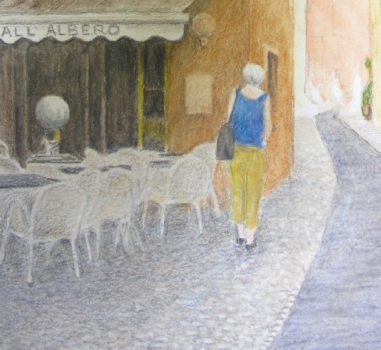 Close-up of the cobblestones and the walking figure detail