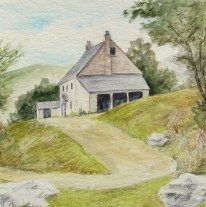 small Welsh farm sketch painted from watercolour pencil pigment lifted from a paper palette