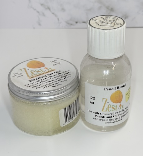 Zest-It Pencil Blend solvent bottle and Zest-It Blending Sponge tin, artist products for blending coloured pencils.
